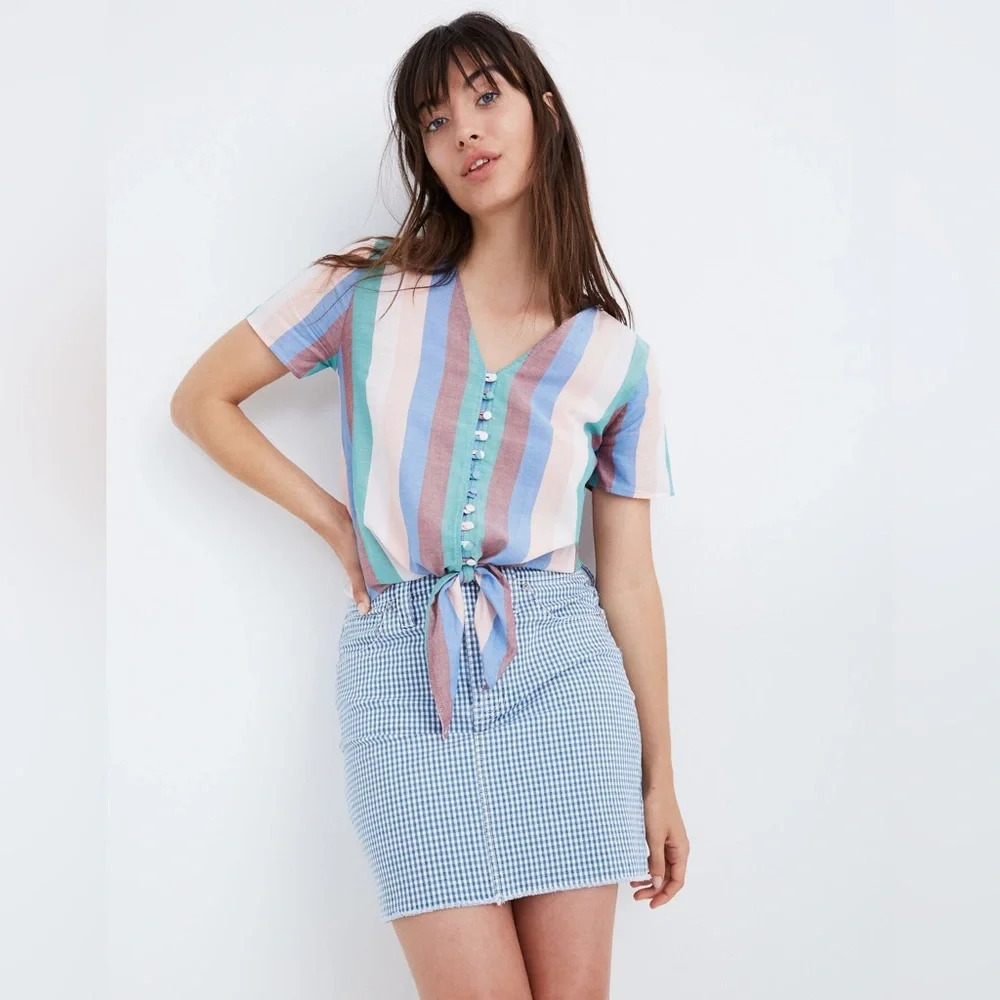 Madewell Novel Tie-Front Button Down‎ Top in Flagstaff Stripe size XS